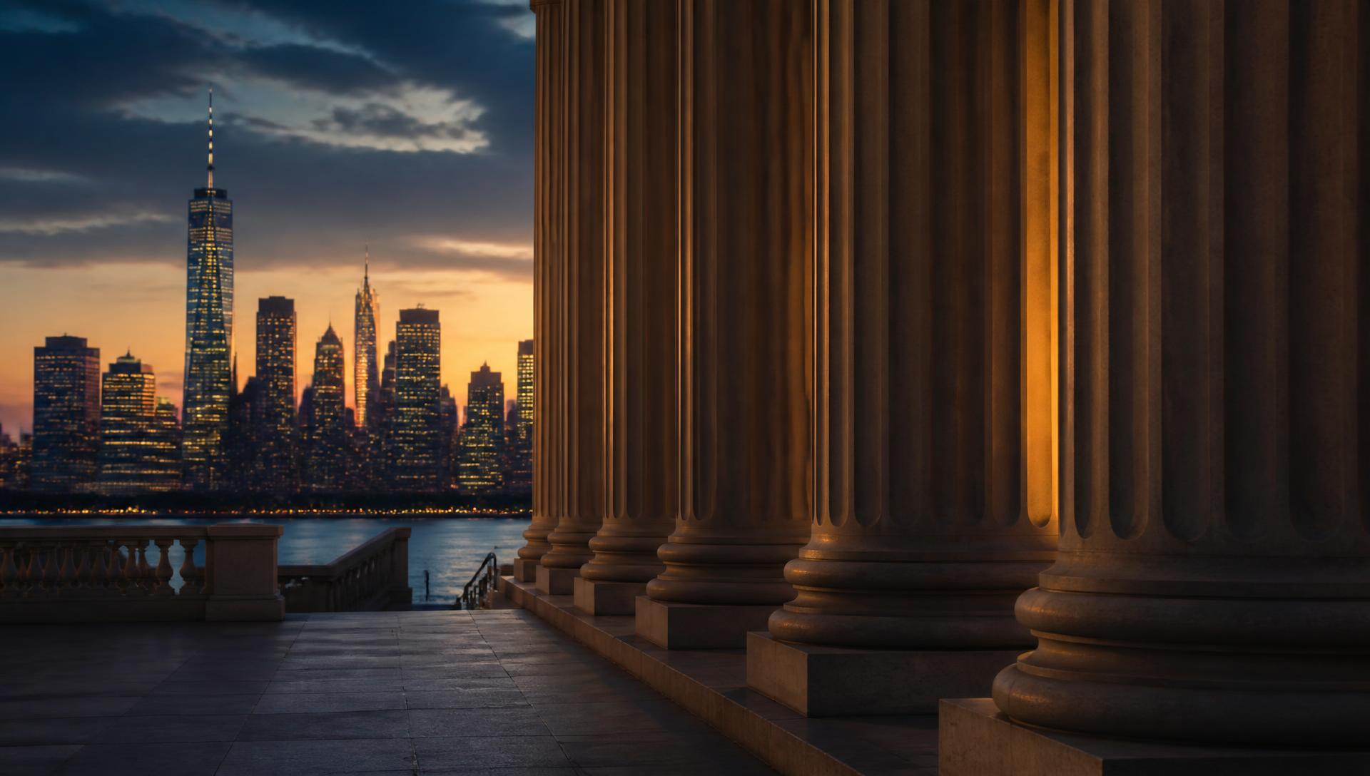 Courthouse colonnade with the Manhattan skyline at dusk